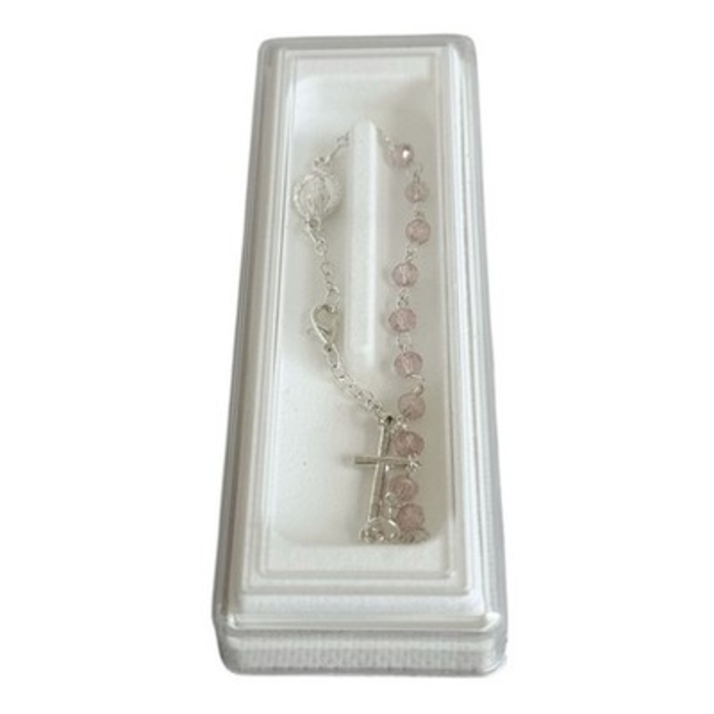 Catholic Pink Crystal Rosary Bracelet with Cross & Miraculous Medal Gift Box - Picture 2 of 4